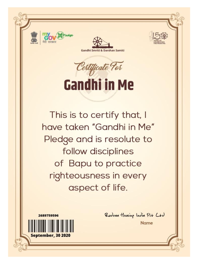Gandhi In Me Certificate for Sustainable Real Estate Dehradun